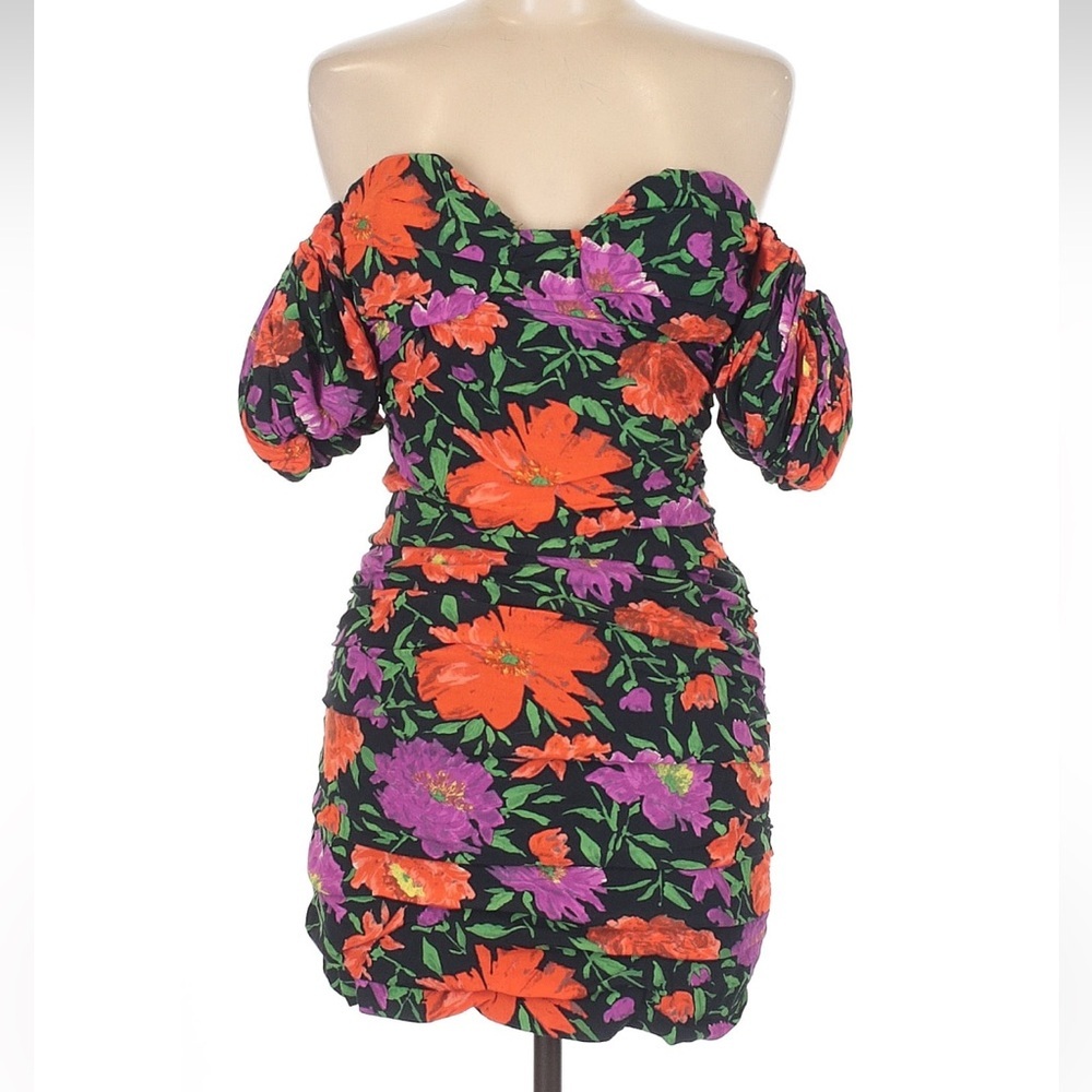 ZARA‎ OFF THE SHOULDER PUFF SHOULDER MINI FLORAL DRESS Sz M